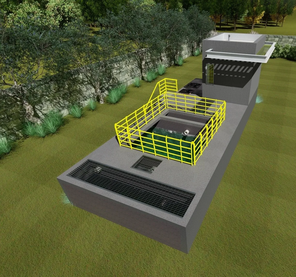 Proyecto en 3D: reactor, rejillas y caseta de equipos